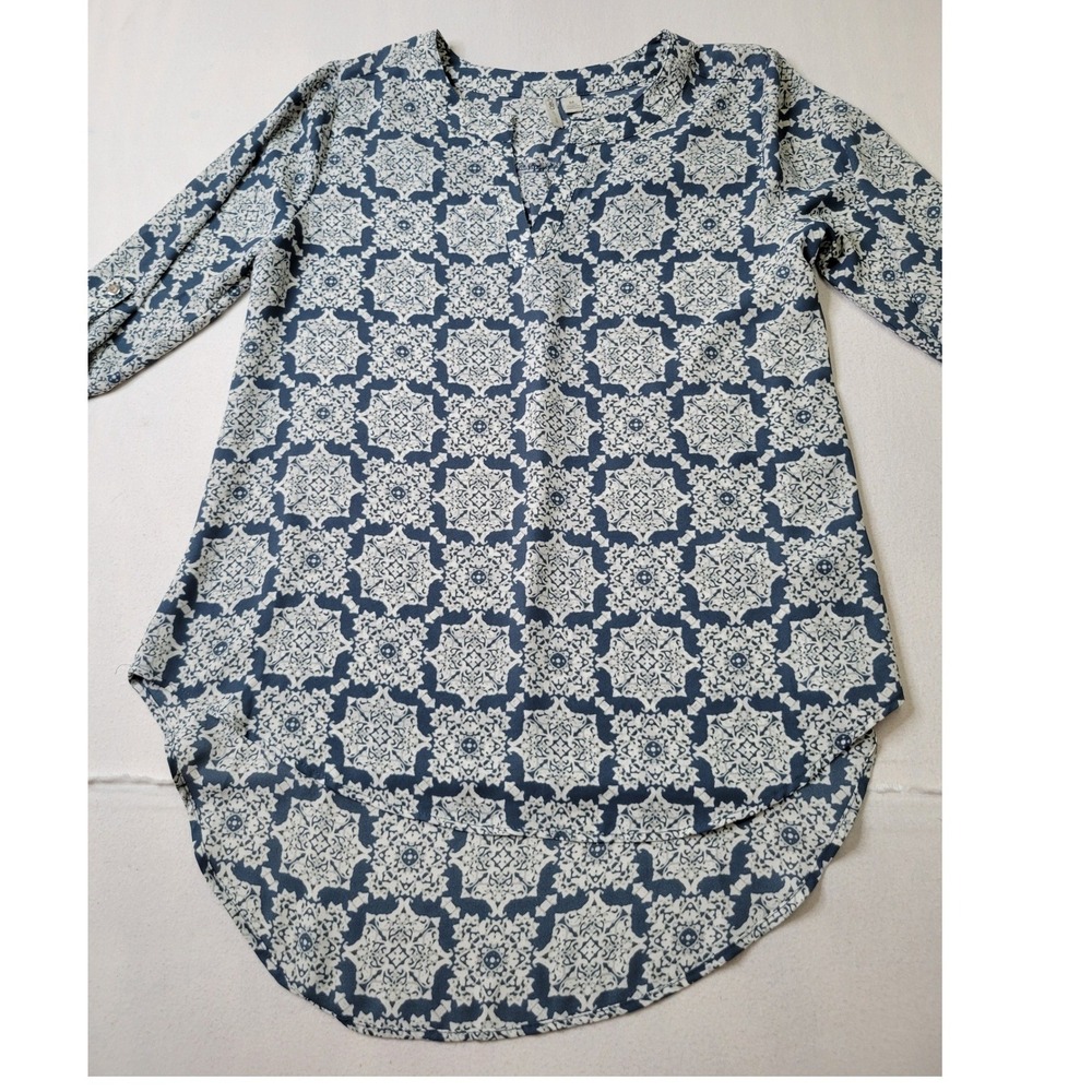 Cato Womens Blue White Geometric Tile Print Roll Tab Slv High Low Blouse M 1230